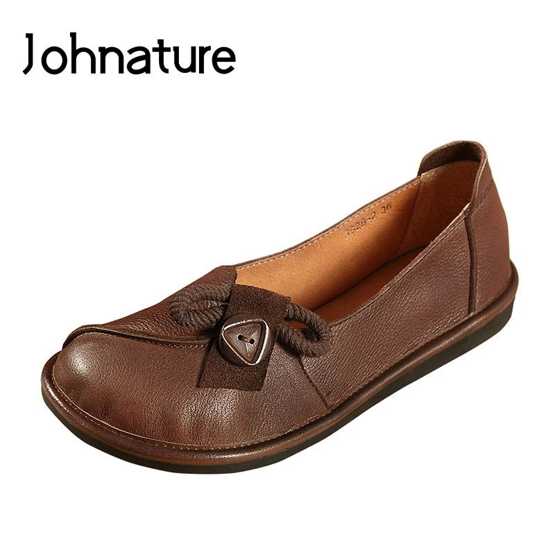 

Johnature Genuine Leather Casual Ladies Shoes Slip-on Solid Color Round Toe Autumn/Winter Shallow Flats Handmade Women Shoes