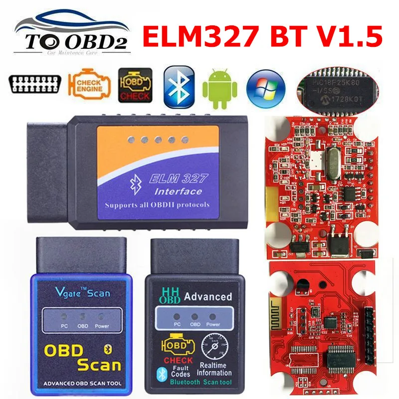 ELM327 V1.5 HW Bluetooth OBD2 сканер с чипом PIC18F25K80 VGATE OBDII сканирующий инструмент CAN BUS работает