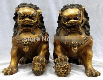 

free shipping 10" China bronze gild carved fine guard Foo Dogs Lions pair Sculpture Statue