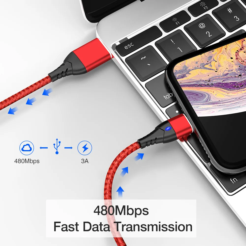 KISSCASE Магнитный USB кабель Micro usb type C для iPhone samsung кабели 1 м 3A светодиодный кабель для быстрой зарядки USB кабель для зарядки телефона