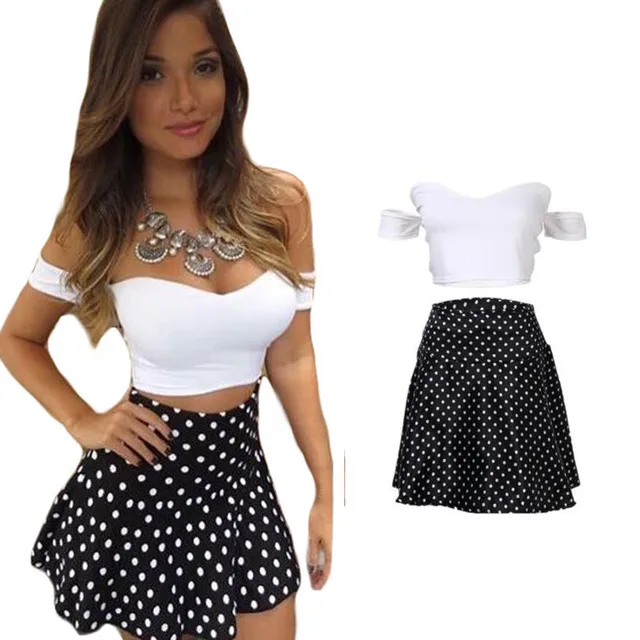 2017 Summer New 2 Pieces Top Skirt Set Strpless Crop Top Polka Dots Mini Skirt Made