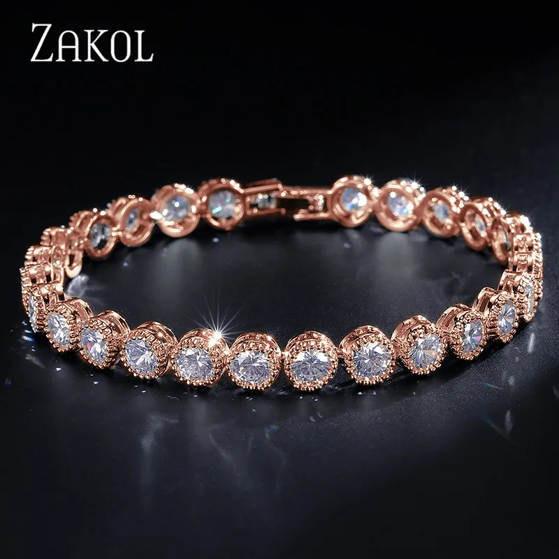ZAKOL الأزياء الأبيض الذهب اللون جولة AAA مكعب الزركون سلسلة وصله سوار للتنس للنساء أنيقة حزب مجوهرات FSBP096