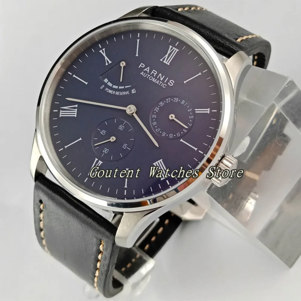 

42mm Parnis Blue Dial Solid SS Case Date Power Reserve Automatic Men's Watch