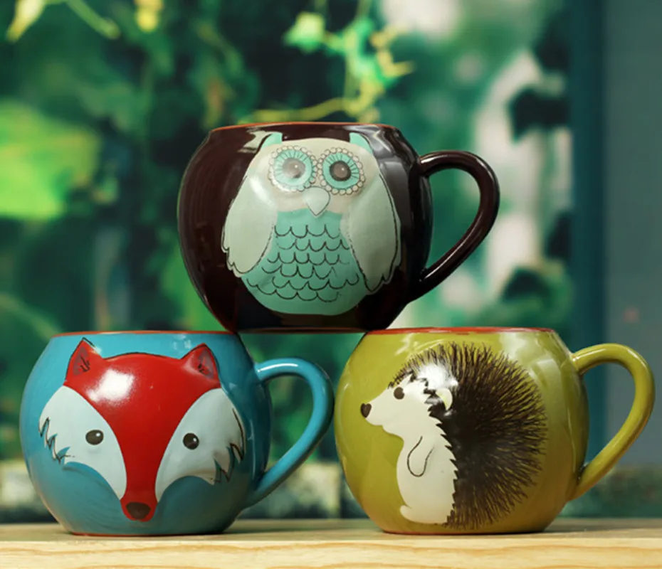 

Wholesale creative lovely big ceramic breakfast cup mug hand-painted coffee milk tea mugs colorful animal Owl fox Hedgehog ball