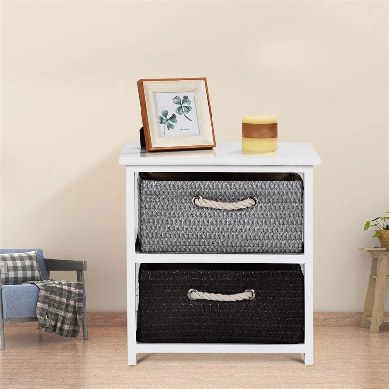 

Wooden Storage End Nightstand with Weaving Baskets Neutral Palette and Stunning Design Highly Functional Table HW60297