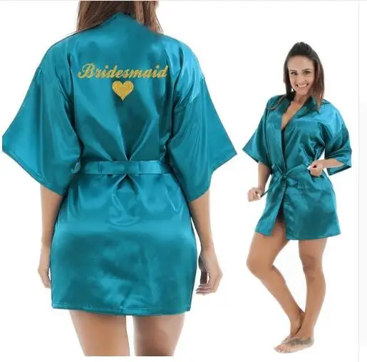 Bridesmaid Robes Bridesmaid Heart Golden Glitter Print Faux Silk Kimono Robes Wedding Gift Bride Team Bachelorette Lov - Цвет: lake blue Bridesmaid