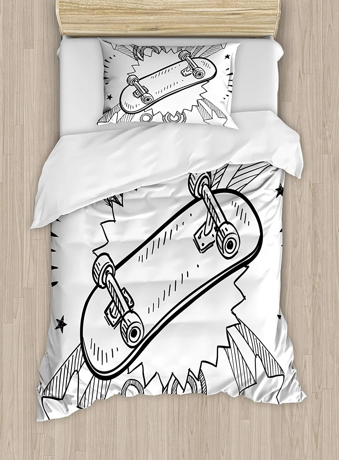 Doodle Duvet Cover Set Sketch Of A Skateboard With Sixties And