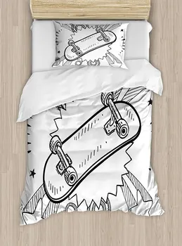 

Doodle Duvet Cover Set Sketch of a Skateboard with Sixties and Seventies Style Pop Explosion Background 4 Piece Bedding Set