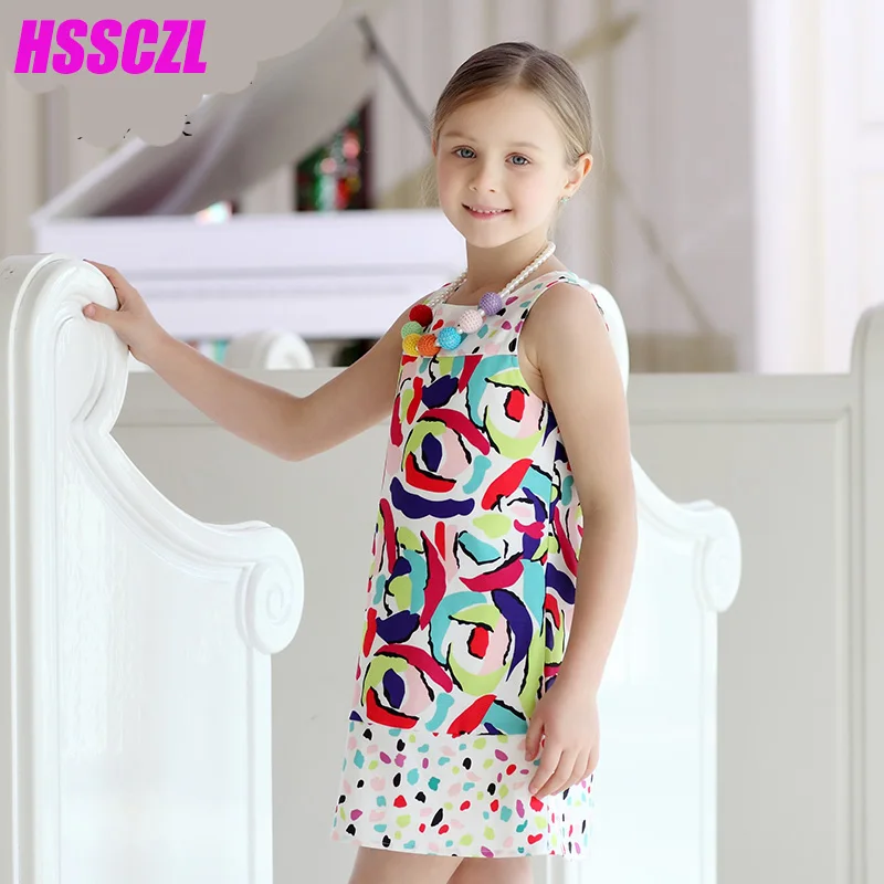 

HSSCZL top quality Girls Dresses Summer Print Stitching Children's Wear Princess Dress Wholesale sleeveless Girl Vest dresses