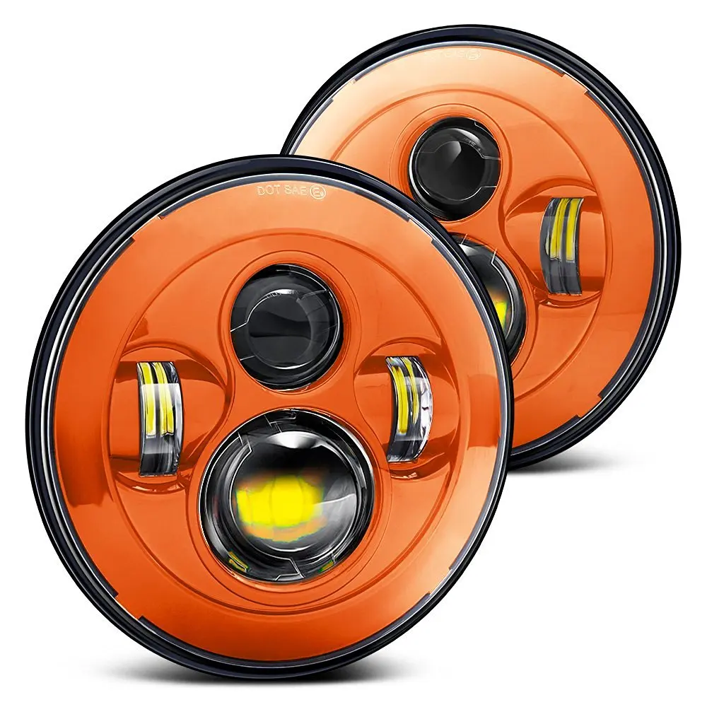 Pair 7 Inch Round Orange Led Headlights Hi Lo Beam For Jeep Wrangler Jk Tj Harley