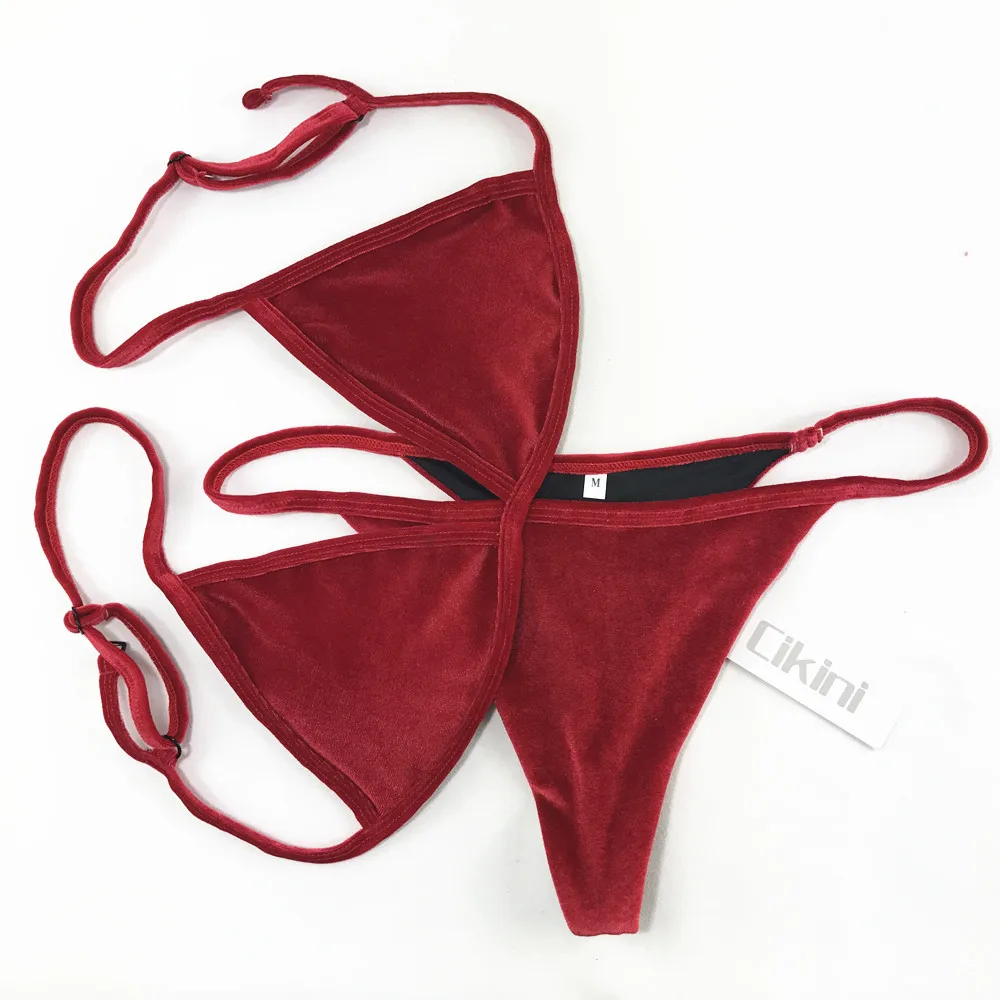 bikini shorts set Velvet Bikini Set 2020 Women Swimsuit Monokini Bodysuit Swimming Suit Bathing Suits Swim Halter Thong Beach Swimwear Cikini bikini set sale