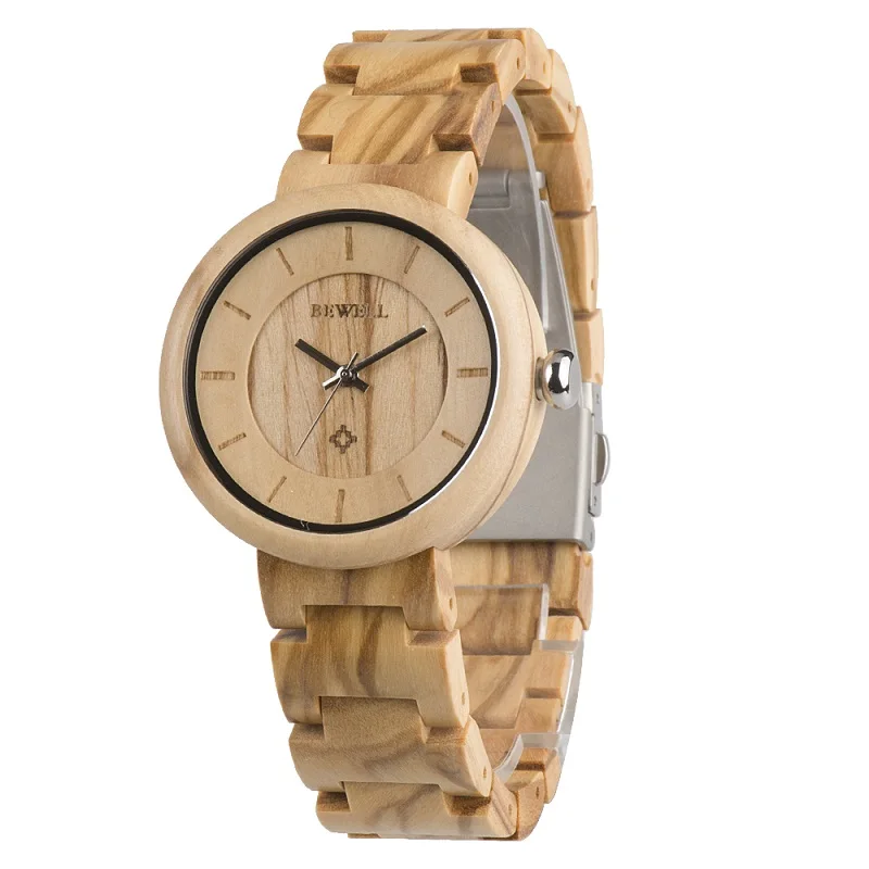 Женские деревянные часы BEWELL, топ класса люкс, Брендовые Часы с деревянным браслетом, женские часы, подарок для мамы и дочки, часы с круглым лицом 155A - Цвет: Olive Wood