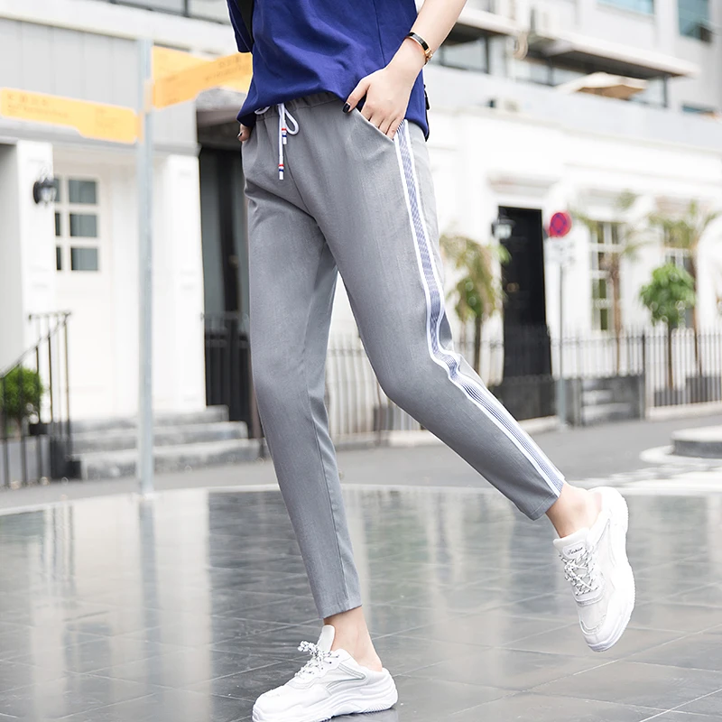 

[aosheng] New Autumn 2018 Fashion Drawstring Elastic Waist Pockets Stitching Striped Ankle-length Pants Women Large Size Y015