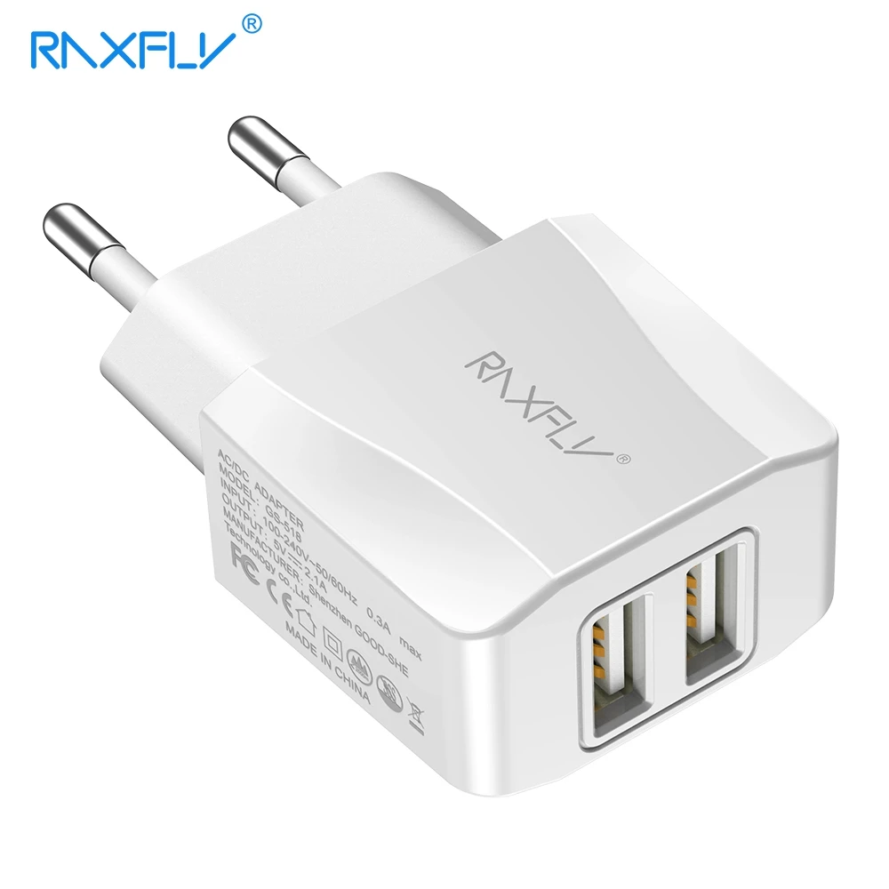 

RAXFLY Dual USB Travel Charger For iPhone For Samsung Hard Plastic For Huawei For Xiaomi Phone Totel 2.1A Chargers Fast Charging