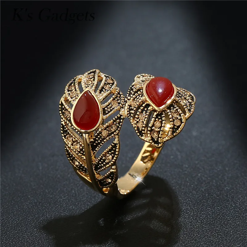 Antique Titanium Gold Ring Fashion Crystal Rhinestone Leaf Red/Green Waterdrop Natural Stone Rings For Women Brand Jewelry | Украшения и
