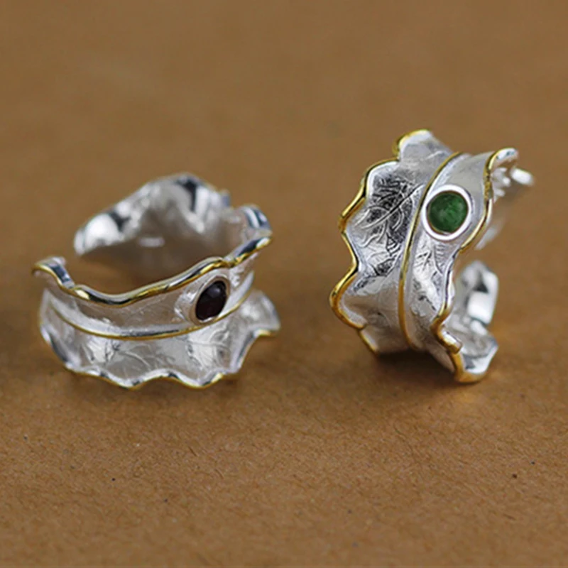 Lotus Fun Sterling Silver 925 Ring for Women 2017 Unique Green Tourmaline Twist Leaf Open Cuff Resizable Ring Band Fine Jewelry
