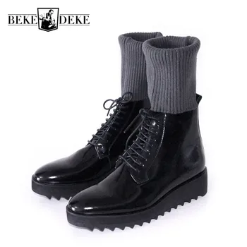 

Work Safety Shoes Black Handmade European Thick Bottom Lace Up Leather Mens Boots High Top Socks Boots New Arrival Male Footwear