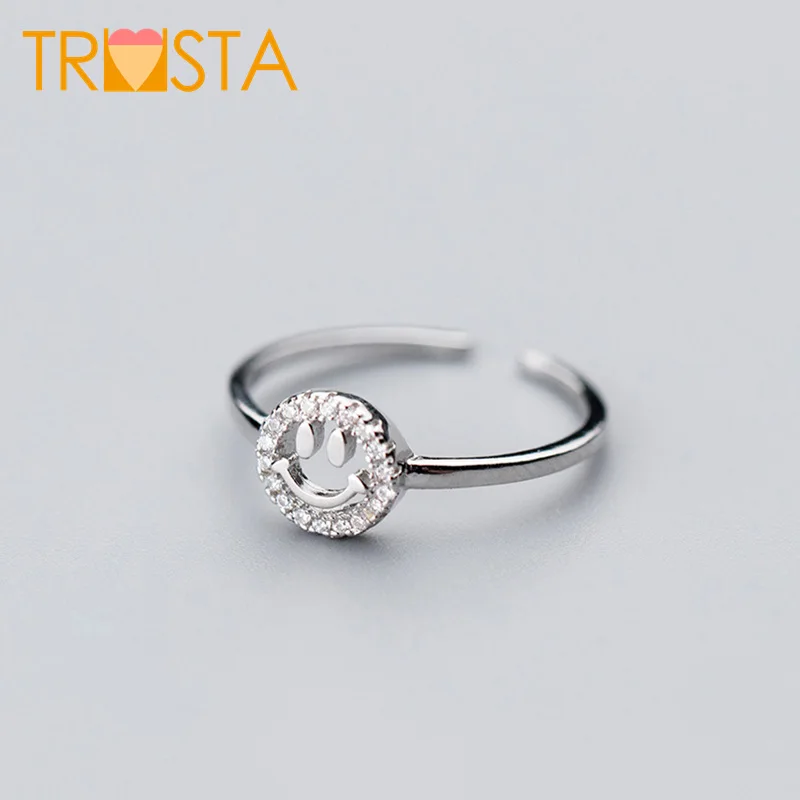 

ElfoPlataSi 100% 925 Solid Real Sterling Silver Smiling Face CZ Cocktail Opening Ring Sizable For Women Girl Jewelry XY1132