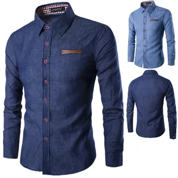 

New Mens Denim Shirt Long-sleeved Shirt Men's Clothing Men's Pockets Split Leather Shirt Denim Shirt Men