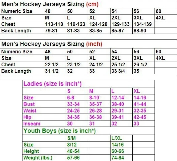 Youth Hockey Jersey Size Chart