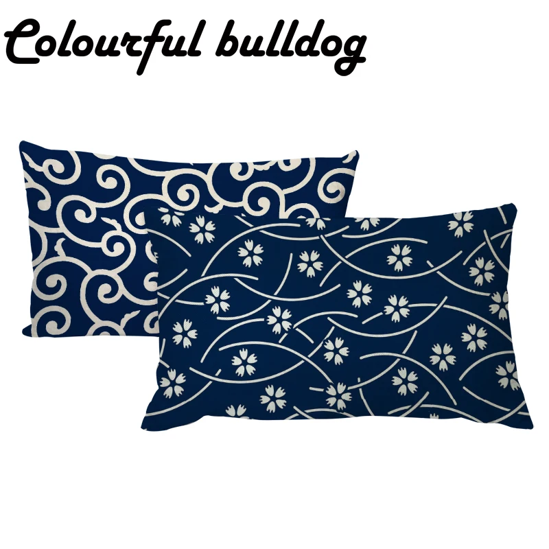 

Wholesale Dark Blue Folk-custom Line Geometry Waist Cushion Cover 30*50CM Rectangle Striped Wave Flower Pillowcase Decorate Home