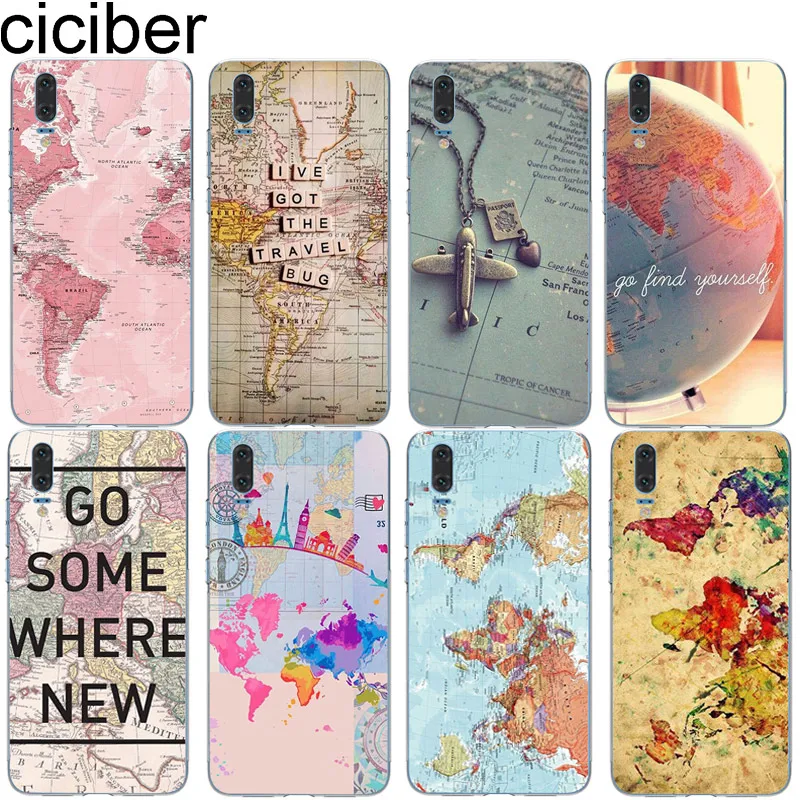 

ciciber Travel Map for Huawei P20 P30 P10 P9 P8 Lite Pro Plus 2017 Soft TPU Phone Cases for Huawei Mate 20 10 9 Lite Pro X Cover