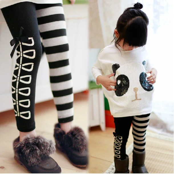 

New 2014 Girl Clothing Set, Fashion Girls Panda T shirt+Striped Leggings 2pcs Set, Cotton Children Clothing Free Shipping