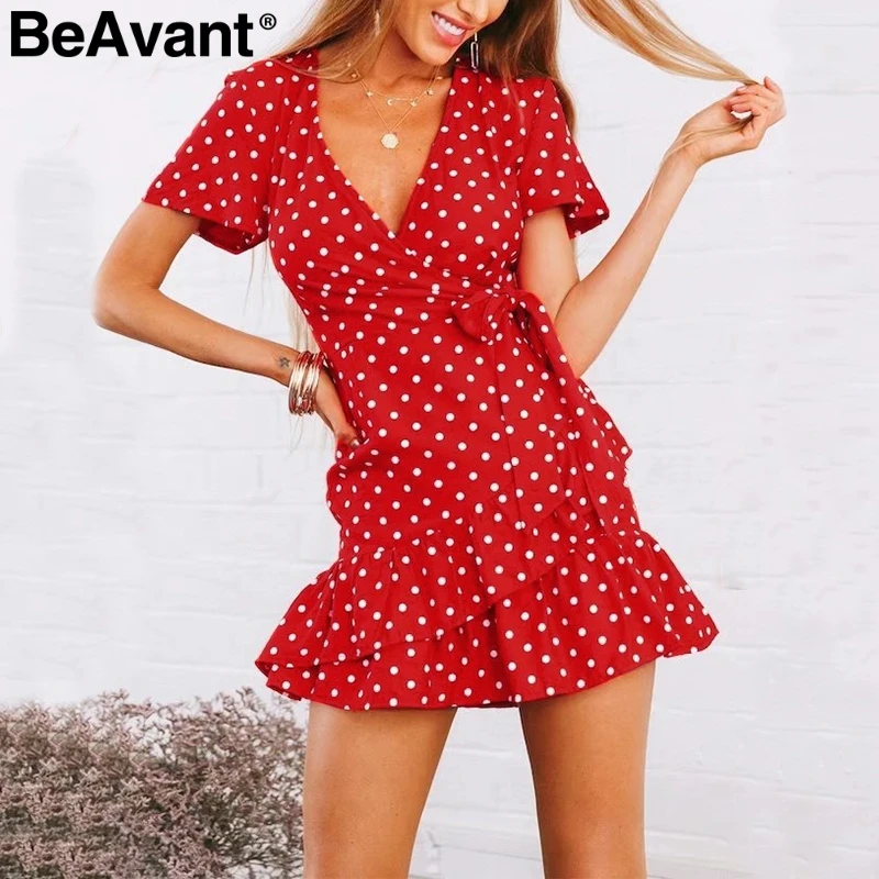 BeAvant Polka dot elagant red dress women Sexy v neck wrap short dress ...