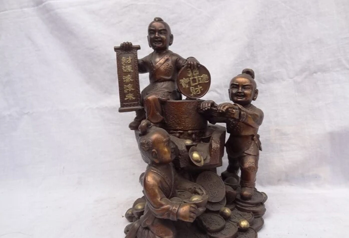 

USPS to USA S1296 11" Chinese Pure Bronze Wealth YuanBao 3 Kid Child Abrasive Wheel On Coin Statue (B0413)