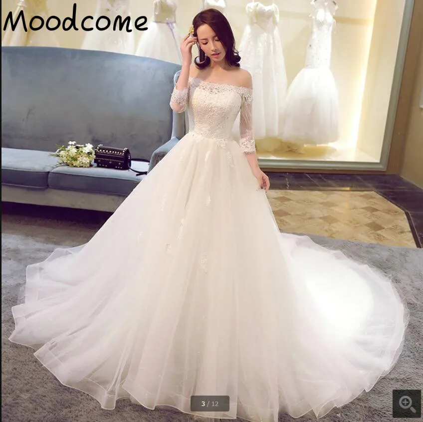 

Real picture bohemian wedding dress 2017 ball gown 3/4 sleeve beaded white lace wedding gowns court train cheap wedding dress