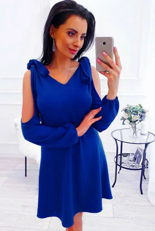 

Women Summer Casual Lantern Sleeve Solid Color Backless V-Neck Fashion Cold Shoulder Solid Lace up Slim Short Mini Dress