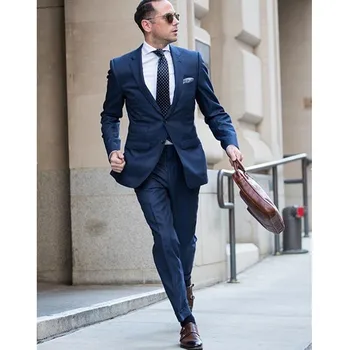 

Handsome Navy Blue Slim Fit Tuxedos Peaked Lapel Mens Wedding Suits Two Pieces Groom Wear Cheap Formal Suit Jacket And Pants