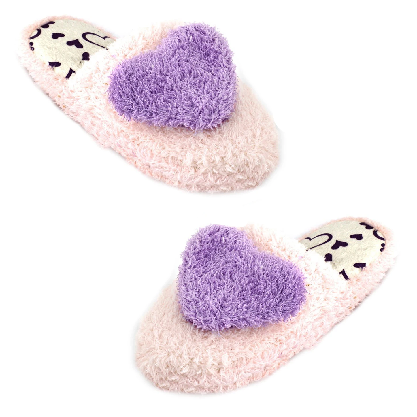 HEBA Ladies Light Pink Purple Heart Decor Plush Warm Warming Slippers 6.5