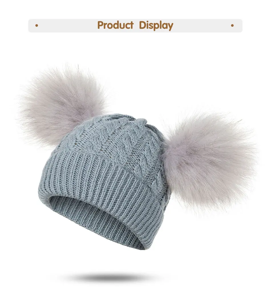 Зимние шапки для детей, вязаная шапка, одноцветная Детская меховая шапка с помпонами для девочек и мальчиков, теплая шапка