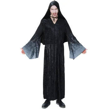 

Umorden Purim Carnival Party Halloween Men Wizard Robe Gown Costumes Magician Costume Cosplay Black Hooded Outfit