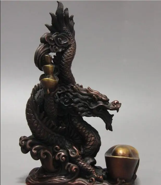 10" China Bronze Copper Carved Feng shui Yuanbao Wealth Water Dragon