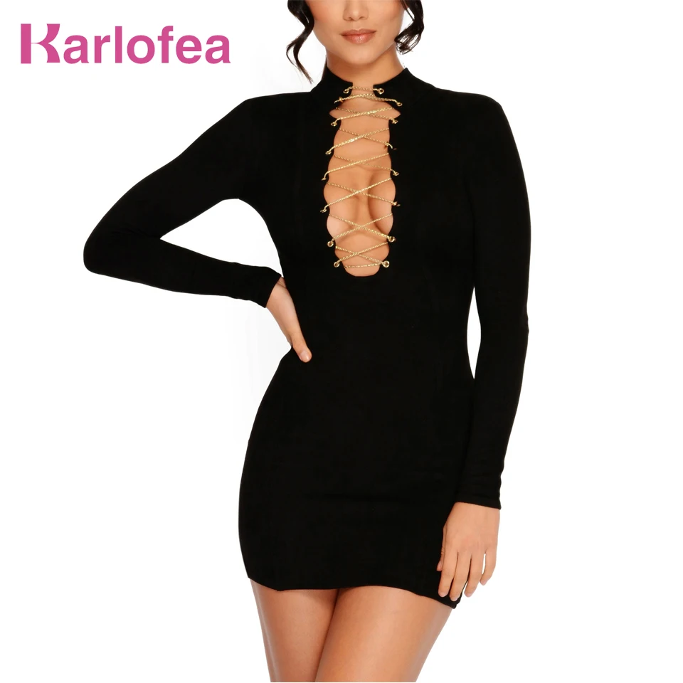 

Karlofea New Women Sexy Long Sleeve Dresses V Neck Chain Suede Dress Hign Quality Birthday Party Spring Club Black Mini Dress