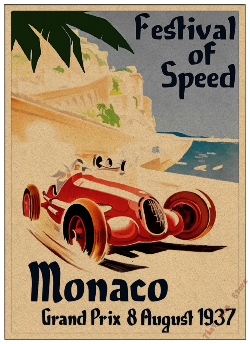 Супер гоночный Ретро мотор Monaco 1937 старинный автомобиль для путешествий, классический винтажный постер, сделай сам, домашний декор из крафт-бумаги - Цвет: Серый