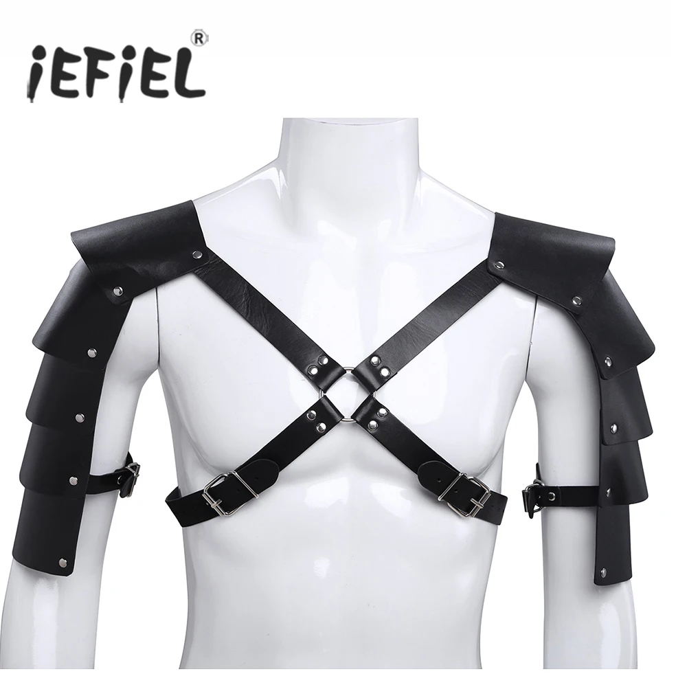 

iEFiEL Mens Faux Leather Wetlook Body Chest Harness Men Costumes Bondage Fancy Night Clubwear with Shoulder Armors Buckles