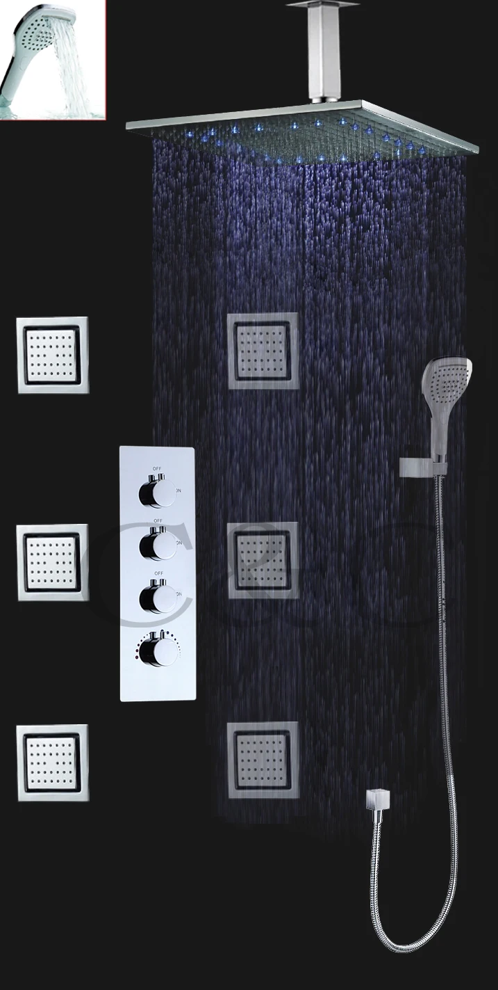 

16 Inch LED Rainfall Shower Head 3 Water Functions Work Together Or Separately Large Water Flow Bathroom Shower Faucet Set