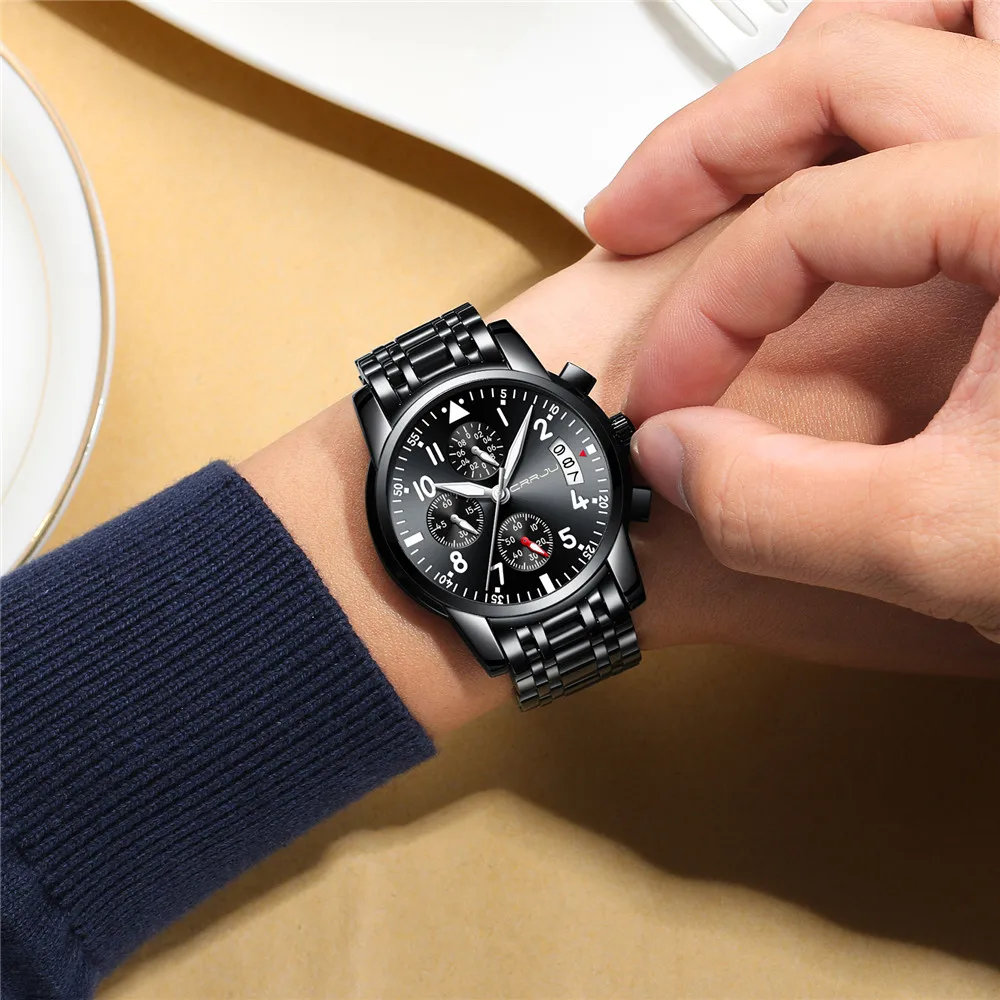  CRRJU Sport Watch Men Stainless Steel Band Quartz Military Casual Watches Men's Chronograph Calenda