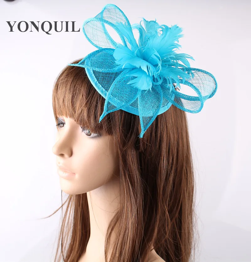 turquoise Серый с перьями и цветами шляпы sinamay для торжественного случая модная повязка на голову для вечерние Шляпы свадебные аксессуары для волос коктейль головные уборы OF153510 - Цвет: turquoise