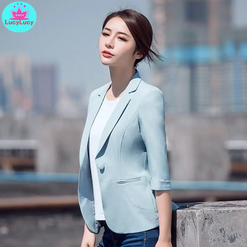 

Fashion 2019 summer Korean version of the OL temperament women's suit collar seven points Slim suit Notched Single Breasted