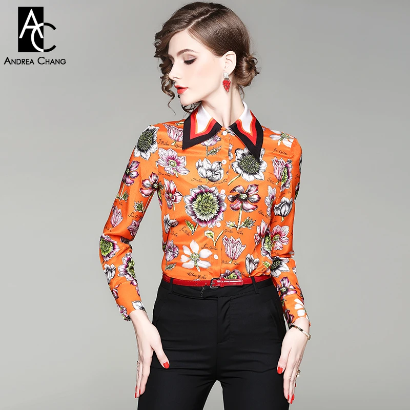 Spring Autumn Woman Blouse Shirt Green Leaf Pink White Floral Pattern Print Orange Shirt Black Strip Collar Fashion Silk Shirt Women Blouse Shirt Autumn Women Blousesblouse Shirt Aliexpress