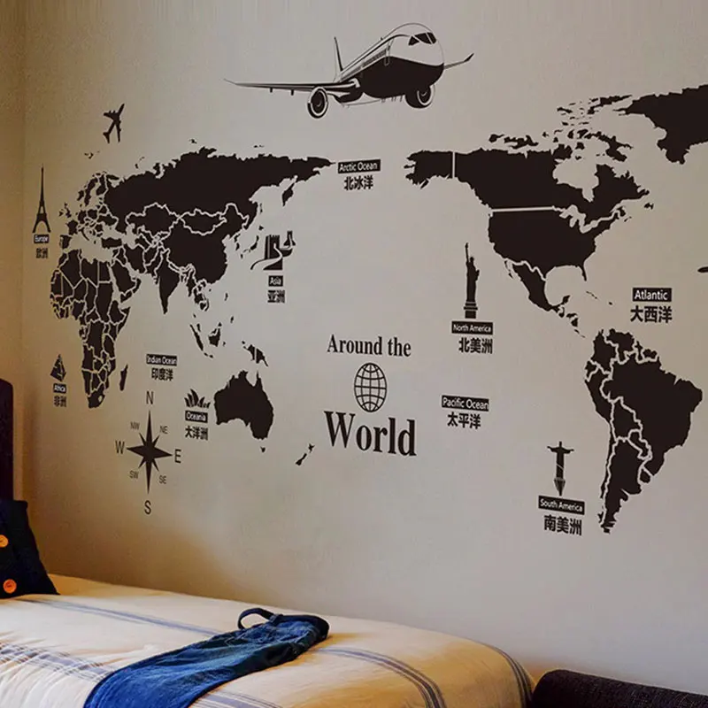 

Waterproof Black Compass Word Map Wall Sticker for Bedroom Living Room Decoration Stickers Background Mural Wallpaper DA358