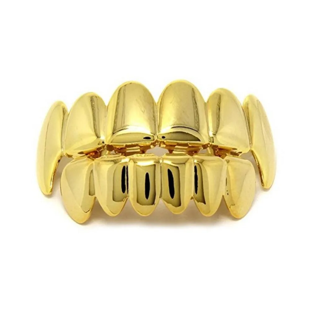 2-Hip Hop Gold Teeth Grillz Top & Bottom Grills Dental Mouth Punk Teeth Caps Cosplay Party Tooth Rapper Jewelry Gift T8N002W