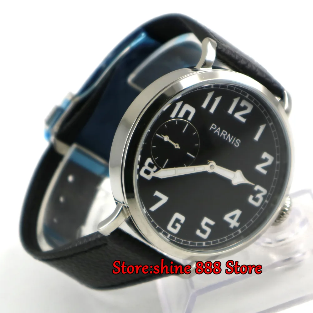 

46mm parnis Black dial Asian 6497 17 jewels Mechanical Hand Wind movement men watch Leather Watchband Mechanical watches