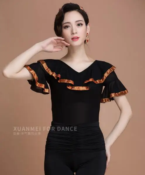 Черный фламенко квадратный/Латинской блузка для женщин/девочек современный