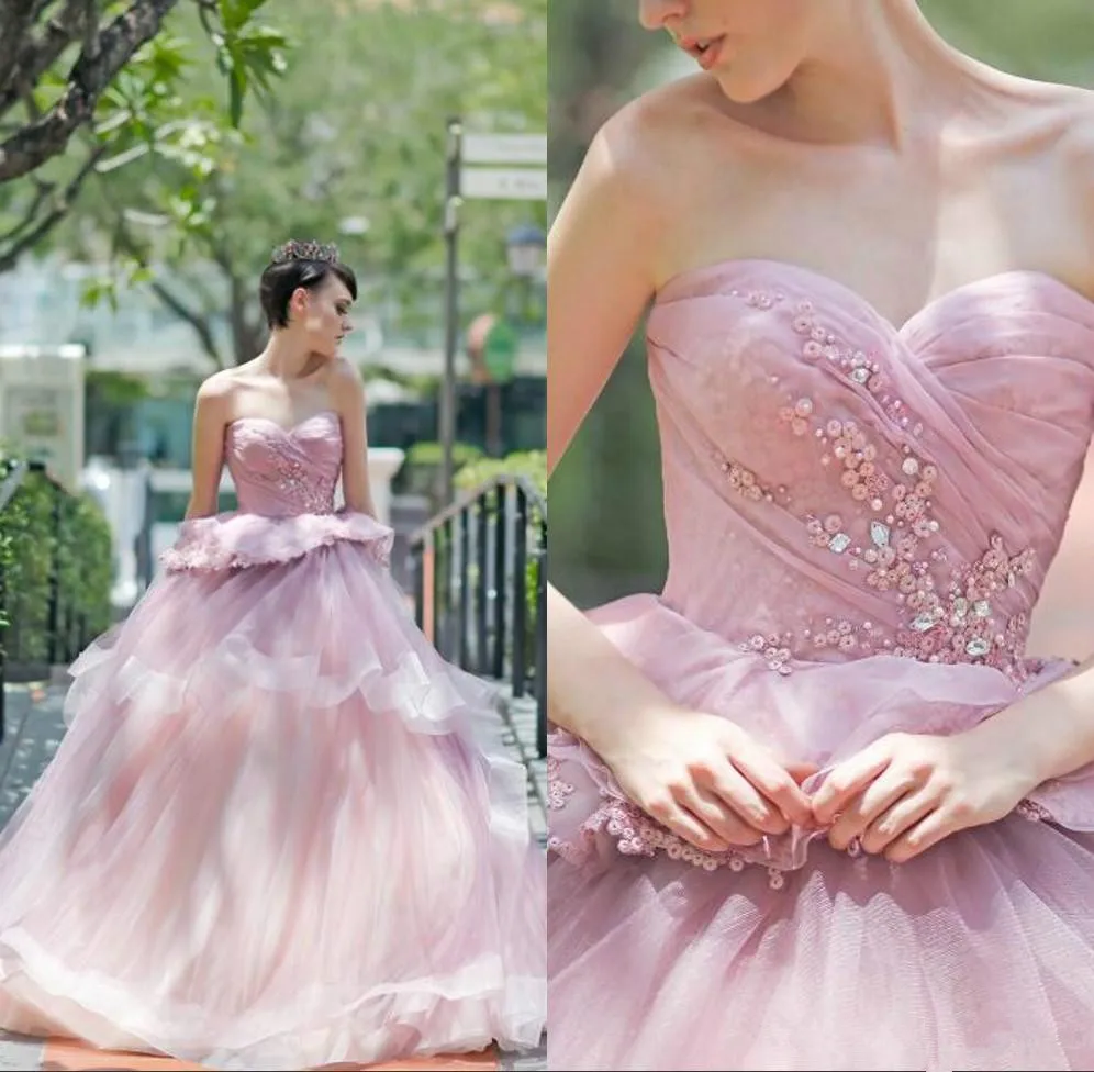 

Exquisite Beads Pink Spring Wedding Dresses Sweetheart Garden Peplum Crystal Saudi Arabia Dubai African Bridal Gowns Ball gown
