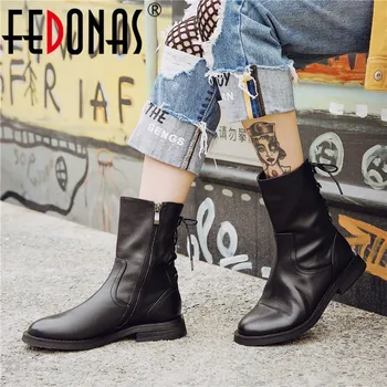 

FEDONAS Genuine Leather Women Winter Mid-calf Boots Quality Punk Riding Boots for Women Cross-tied Party Night Club Shoes Woman